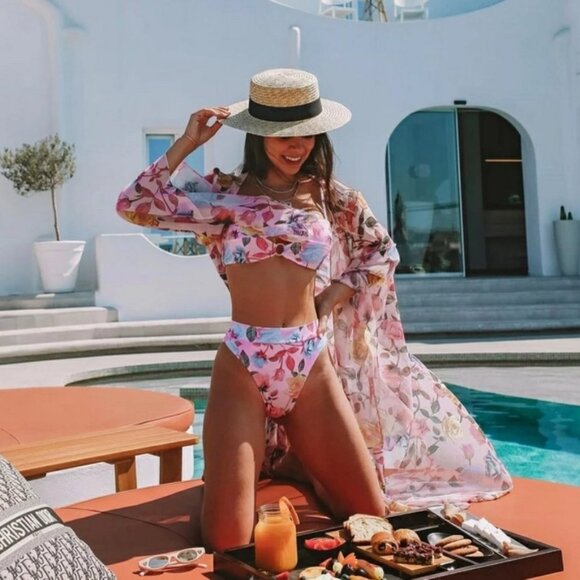 New Rose Floral Print Open Front Beach Cover Up - Picture 1 of 7
